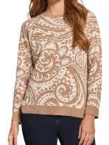 Jones New York Pasiley Crewneck Bracelet Sleeve Sweater In Praline Multi