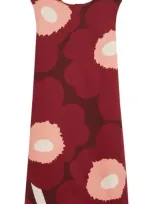 Marimekko Siluetti Unikko Sleeveless Satin Cotton Dress In Wine Red Rose Beige