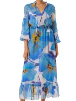 Misa Amata Split-neck Ruffled Chiffon Midi Dress In Multi