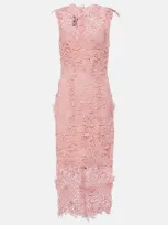 Monique Lhuillier Floral Lace Guipure Midi Dress In Pink