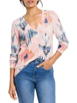 Nic + Zoe Abstract Floral Waffle Stitch V-neck Sweater In Pink Multi