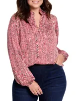 Nic + Zoe Nic+zoe Herringbone Print Long Sleeve Top In Red Multi