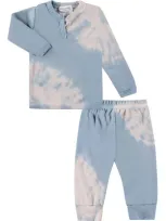 Paigelauren Babies'  Tie Dye Organic Cotton Blend Rib Henley T-shirt & Sweatpants Set In Blue