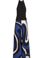 Pucci Printed Cady Halterneck Jumpsuit In Black/blue