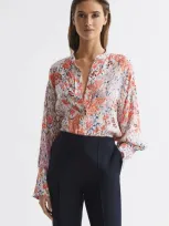 Reiss Coral/white Hallie Meadow Print Split Cuff Shirt