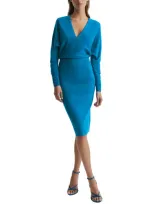 Reiss Blue Wool Blend Ruched Sleeve Midi Dress