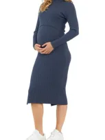 Ripe Maternity Nella Rib Nursing Knit Midi Dress In Denim Marle