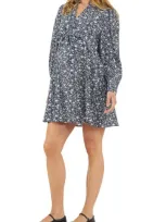 Ripe Maternity Thea Long Sleeve Tie Waist Maternity/nursing Dress In Navy / White