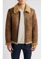 Schott Nyc Genuine Shearling Collar Sheepskin Bomber Jacket In Brown