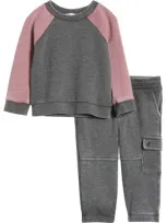 Splendid Babies'  Raglan Sleeve Sweatshirt & Cargo Pants Set In Burgundy/grey