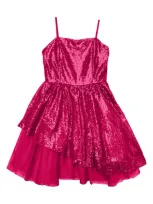 Un Deux Trois Kids' Girl's Sequined Peek-a-boo Tulle Dress In Fuchsia