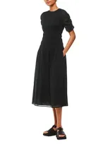 Whistles Womens Black Avery Ruched-sleeve Smocked Cotton Midi Dress