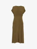 Whistles Patch-pocket Round-neck Woven Midi Dress In Khaki