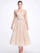 Marchesa Scoop Neck Embroidered Tulle Midi Dress