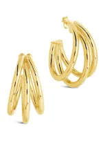 Sterling Forever Three Row Hoop Earrings In Gold