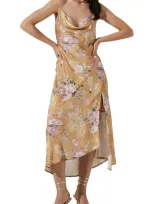 Astr Gaia Strappy Bias Cut Satin Midi Dress In Mustard Floral