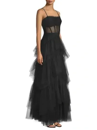 Bcbgmaxazria Layered Tulle & Mesh Sleeveless Corset Gown In Black