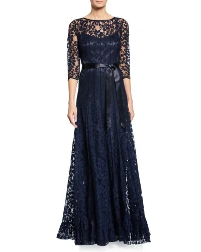 Rickie Freeman For Teri Jon 3/4-sleeve Lace Overlay Gown In Black