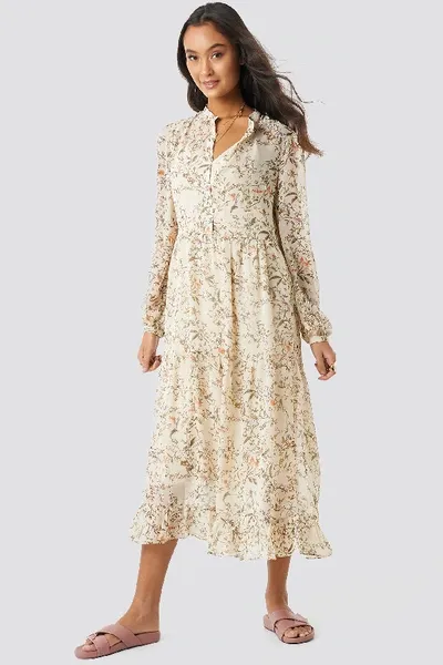 Na-kd Flower Print Tiered Midi Dress - Beige In Cream