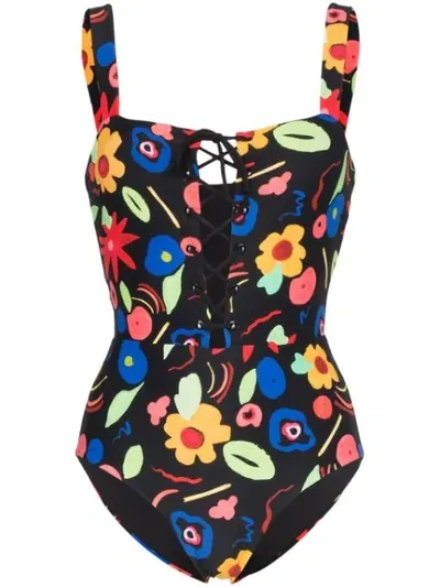 Onia Raquel Floral-print Swimsuit In Black