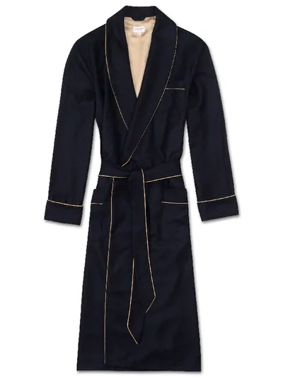 Derek Rose Duke Silk-trimmed Herringbone Cashmere Robe In Navy