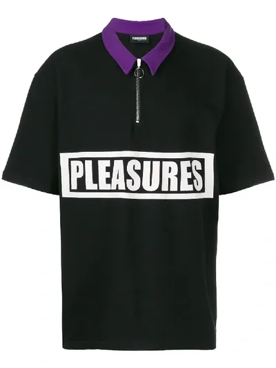 Pleasures Logo Print Zipped Polo Shirt In Black