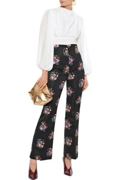 Emilia Wickstead Nella Floral-print Satin Bootcut Pants In Black