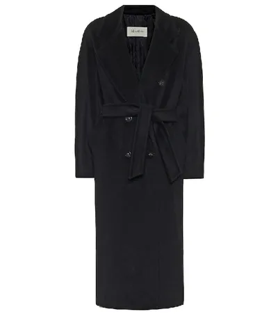 Max Mara Madame Double Breasted Wool Long Coat In Black