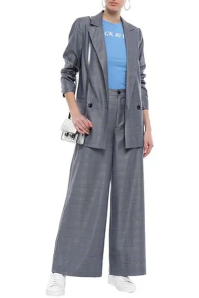 Ganni Crystal-embellished Prince Of Wales Checked Silk And Wool-blend Wide-leg Pants In Dark Gray