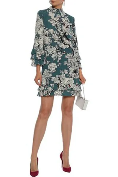 Valentino Tiered Printed Washed-silk Mini Dress In Petrol