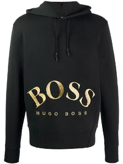 Hugo Boss Gold Logo Embroidered Hoodie In Black