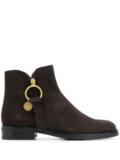 See By Chloé Engraved Logo Textured Ankle Boots In Brown