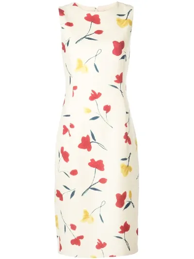 Oscar De La Renta Watercolour Poppies Dress In White