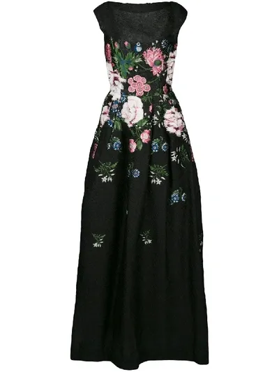 Oscar De La Renta Botanical Jacquard Gown In Black