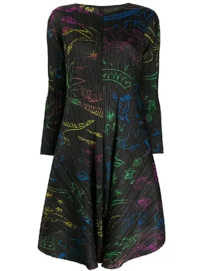 Issey Miyake Illustration Print Pleated Dress In Black