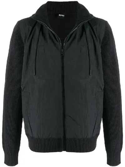 Hugo Boss Ribbed Panel Zip-up Jacket In Black