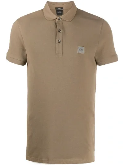 Hugo Boss Slim Fit Logo Patch Polo Shirt In Neutrals