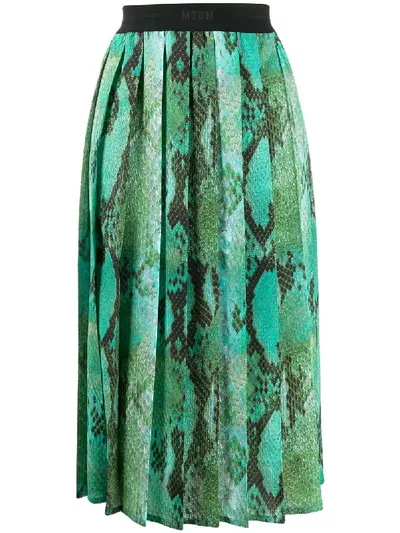 Msgm Snakeskin Effect Pleated Skirt In Green