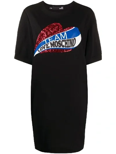 Love Moschino Sequinned Logo T-shirt Dress In Black