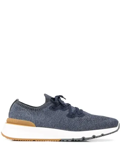 Brunello Cucinelli Mesh Knitted Lace Up Trainers In Dark Blue