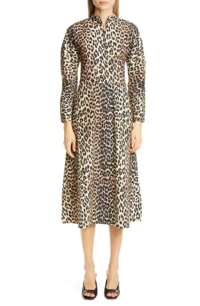 Ganni Leopard Print Long Sleeve Poplin Midi Dress In Animal Print