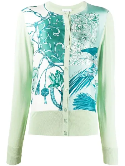 Ferragamo Valzer Print Crewneck Cardigan In Green