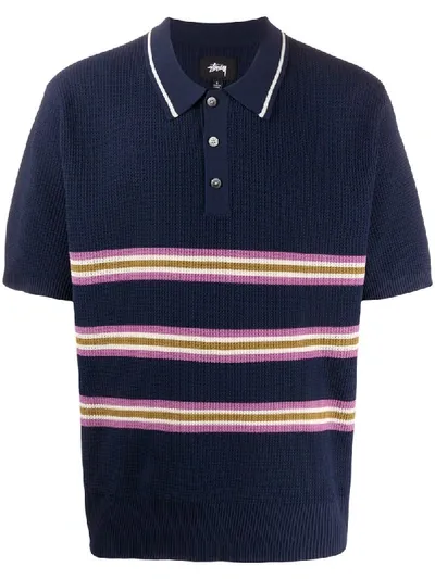 Stussy Striped Knitted Polo Shirt In Blue