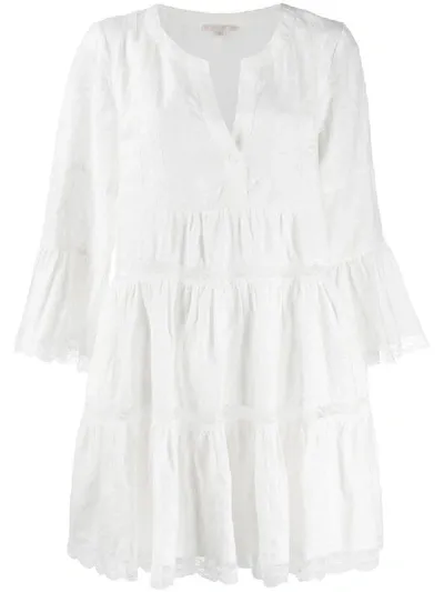 Gold Hawk Lace-insert Tiered Shift Dress In White