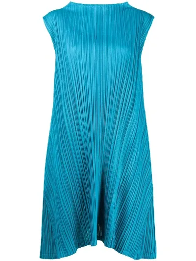 Issey Miyake Sleeveless Pleated Shift Dress In Blue