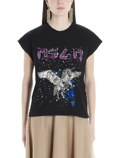 Msgm Sequin Unicorn Logo T-shirt In Black