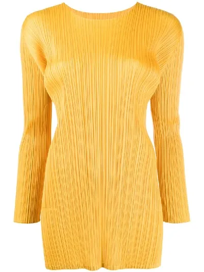 Issey Miyake Round Neck Pleated Top In Yellow