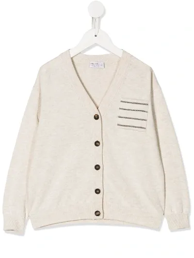 Brunello Cucinelli Kids' Chest Pocket Cardigan In Neutrals