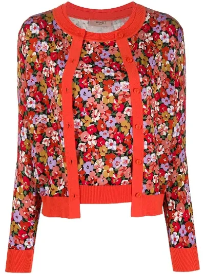 Twinset Layered Floral-print Cardigan In Red