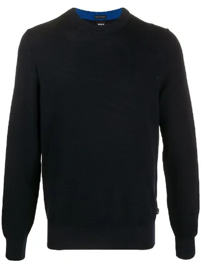 Hugo Boss Knitted Sweater In Micro-structured Cotton In Blue